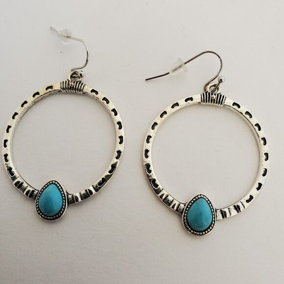 Boho Silver Round Circle Hoop Dangle Earrings with Turquoise for Women Western - Picture 1 of 6